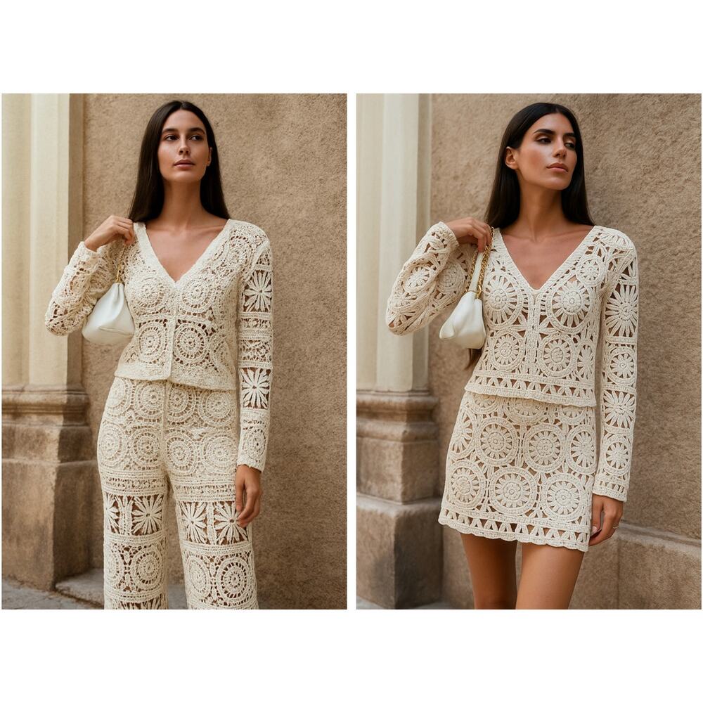 MSRP $125 | NWT ✨ AZ 3-Piece Crochet Boho Set – Top, Pants & Skirt | Size S/M ✨